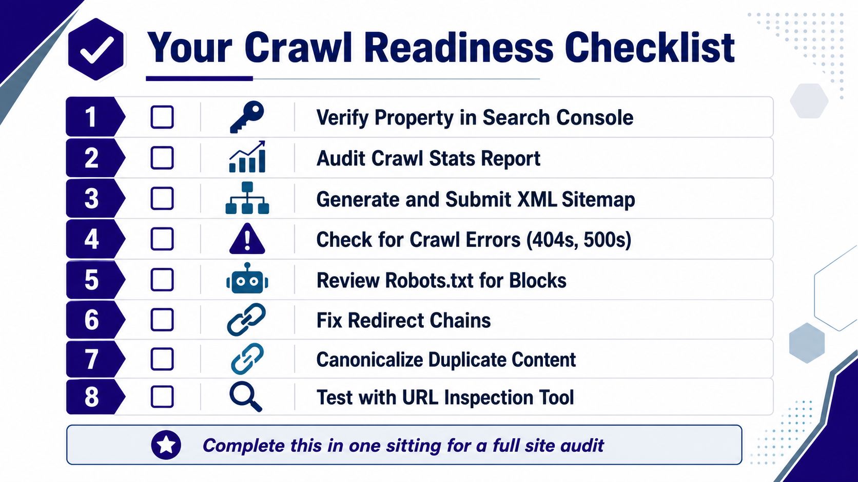 A checklist titled Your Crawl Readiness Checklist listing eight essential SEO steps for website indexing optimization.