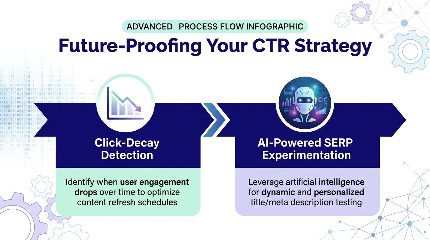 A process flow infographic titled Future-Proofing Your CTR Strategy, showing click-decay detection and AI-powered SERP experimentation.