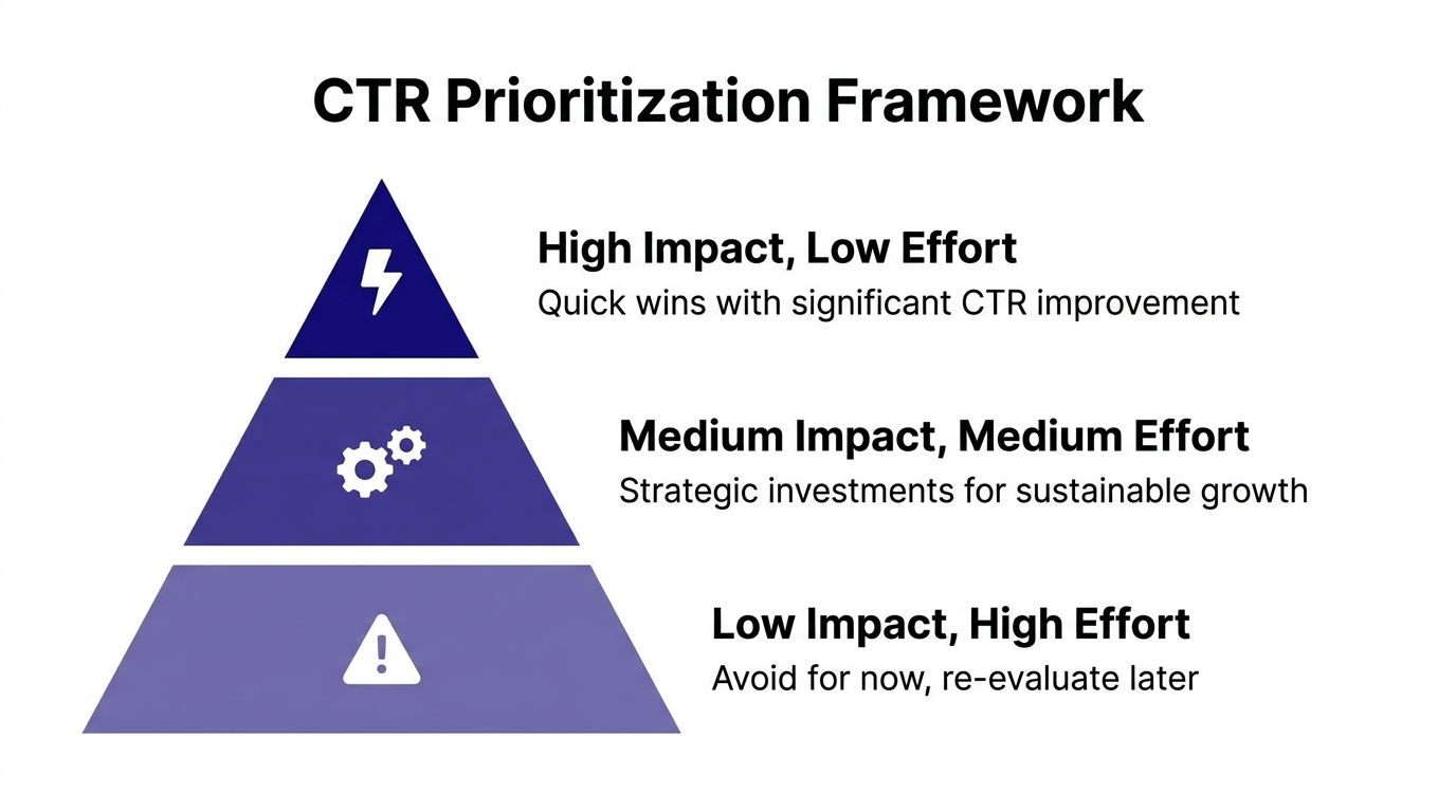 A triangular framework chart illustrating the prioritization of tasks based on CTR impact and effort levels.