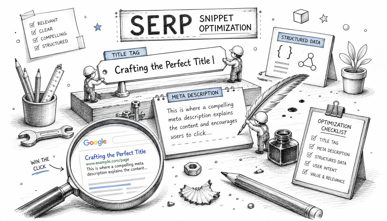 A hand-drawn illustration depicting SERP snippet optimization with a magnifying glass showing Google search results.