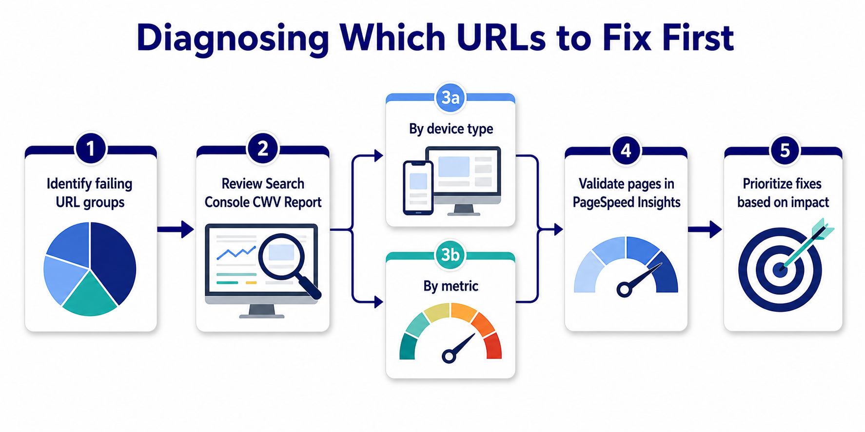 A five-step diagnostic process diagram illustrating how to identify and prioritize web pages for Core Web Vitals improvements.