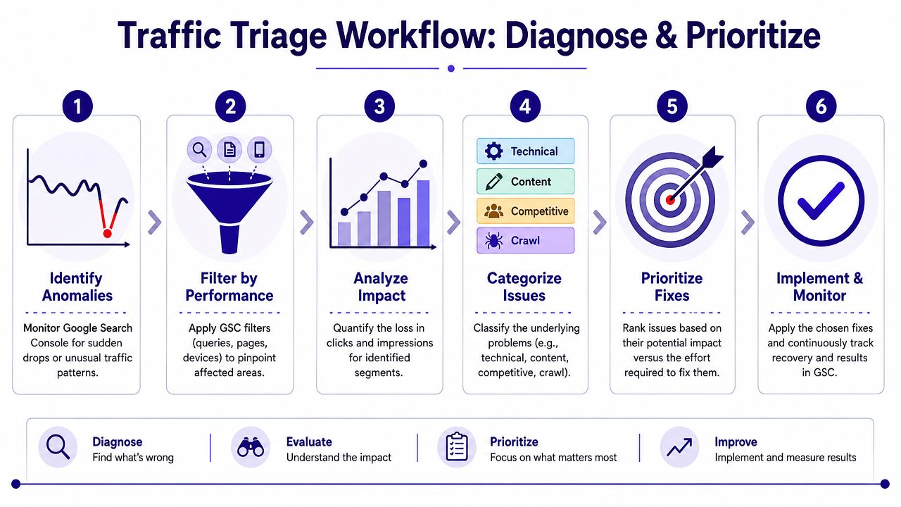 A six-step workflow diagram illustrating the process for diagnosing and improving organic search traffic issues.