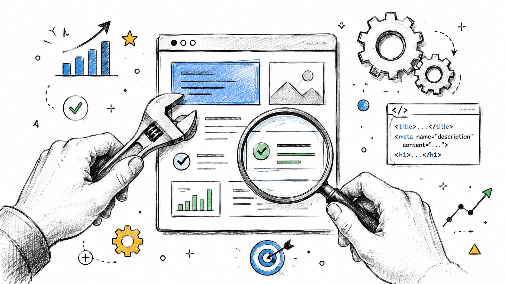 A hand-drawn illustration showing hands using a wrench and magnifying glass to optimize website performance and SEO.