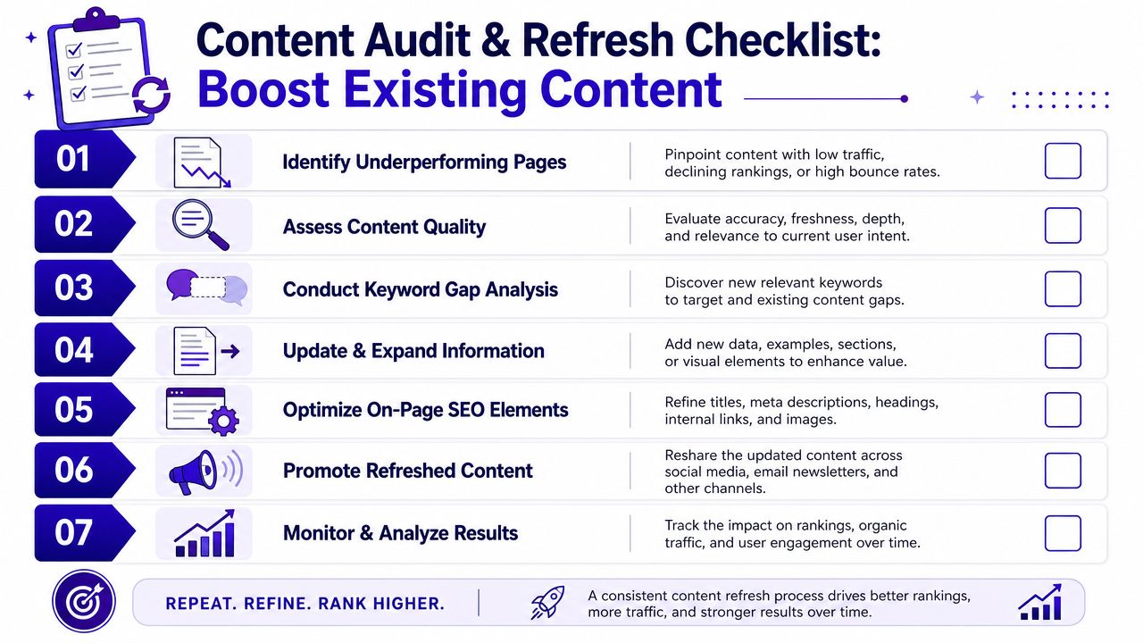 A seven-step checklist for auditing and refreshing website content to boost organic search rankings and traffic.