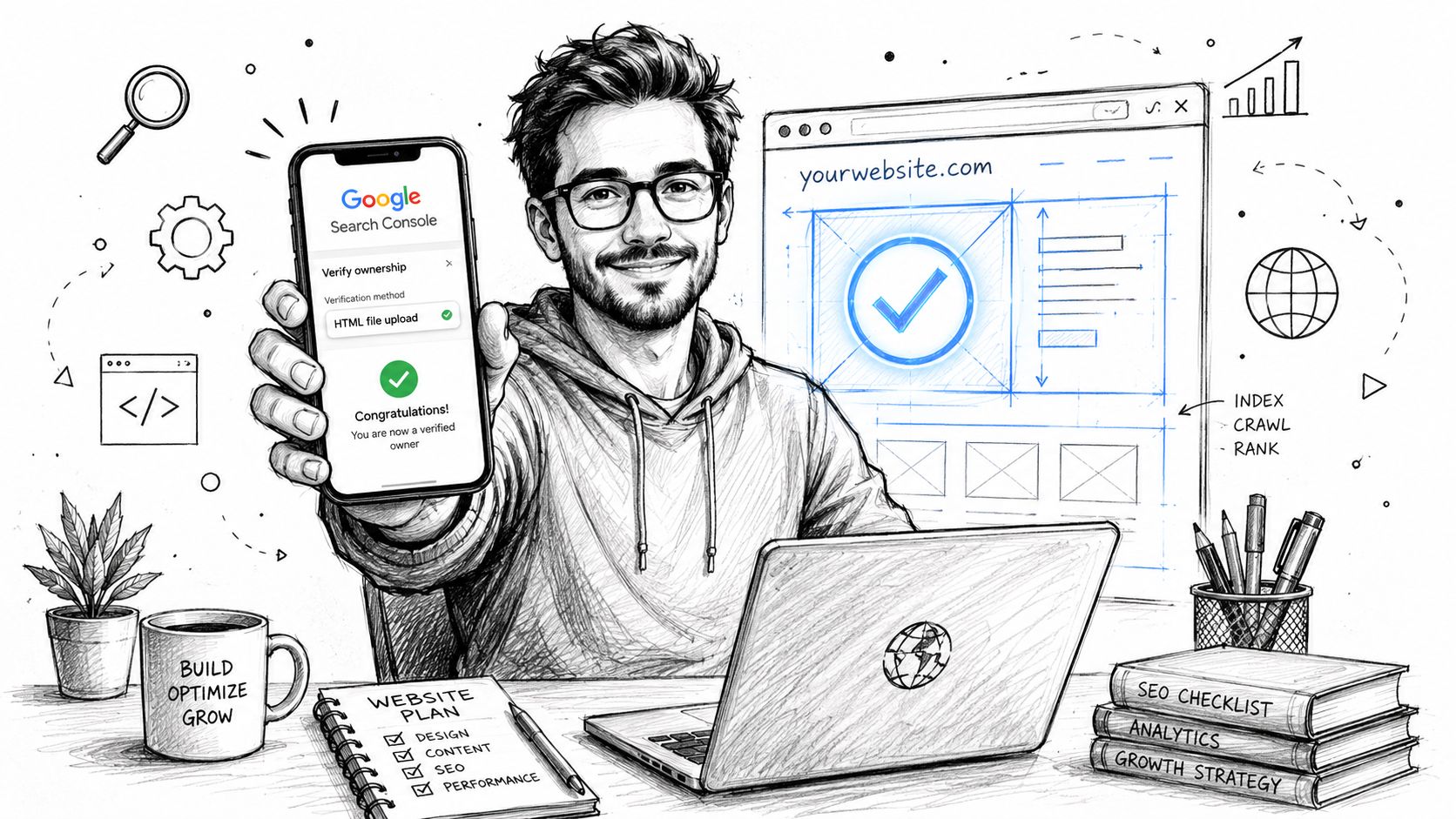 A man smiling while showing a smartphone screen confirming successful Google Search Console website ownership verification.