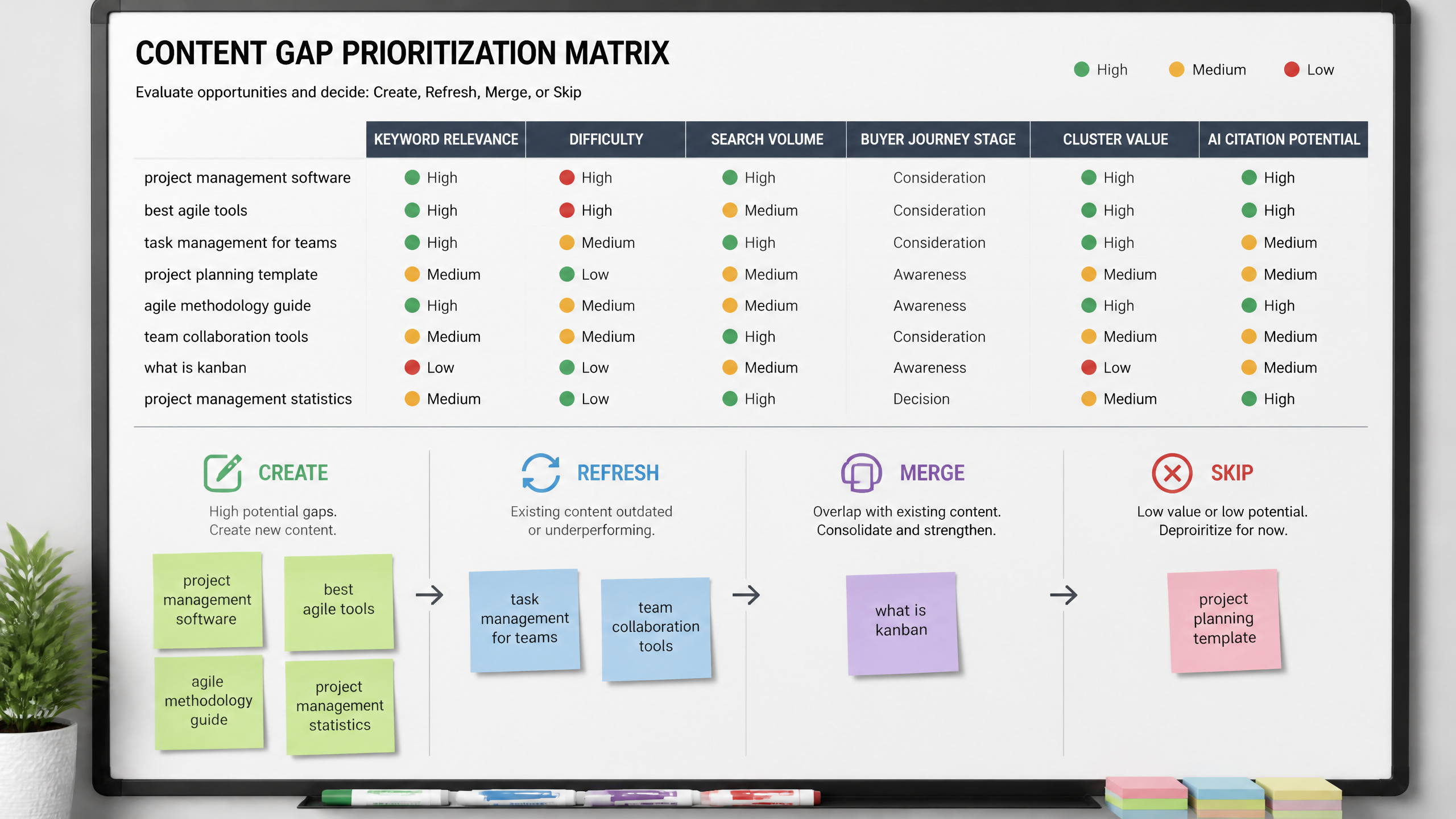 Content gap prioritization matrix showing SEO opportunities scored by relevance, difficulty, and buyer journey stage