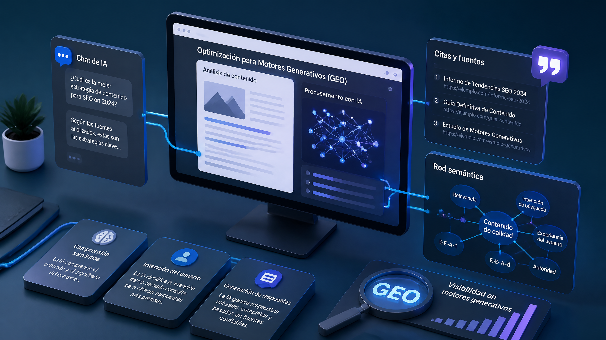 Ilustración conceptual de Generative Engine Optimization (GEO)