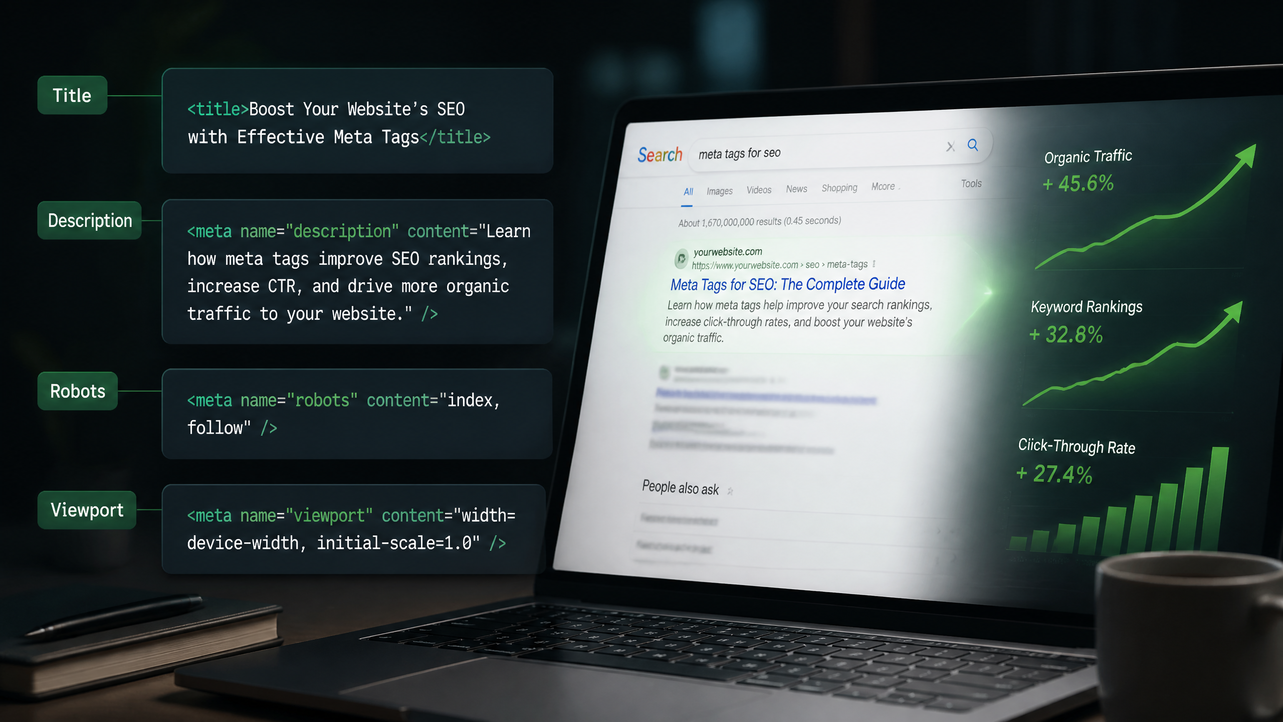 A conceptual graphic showing HTML meta tags and their impact on search engine optimization rankings.