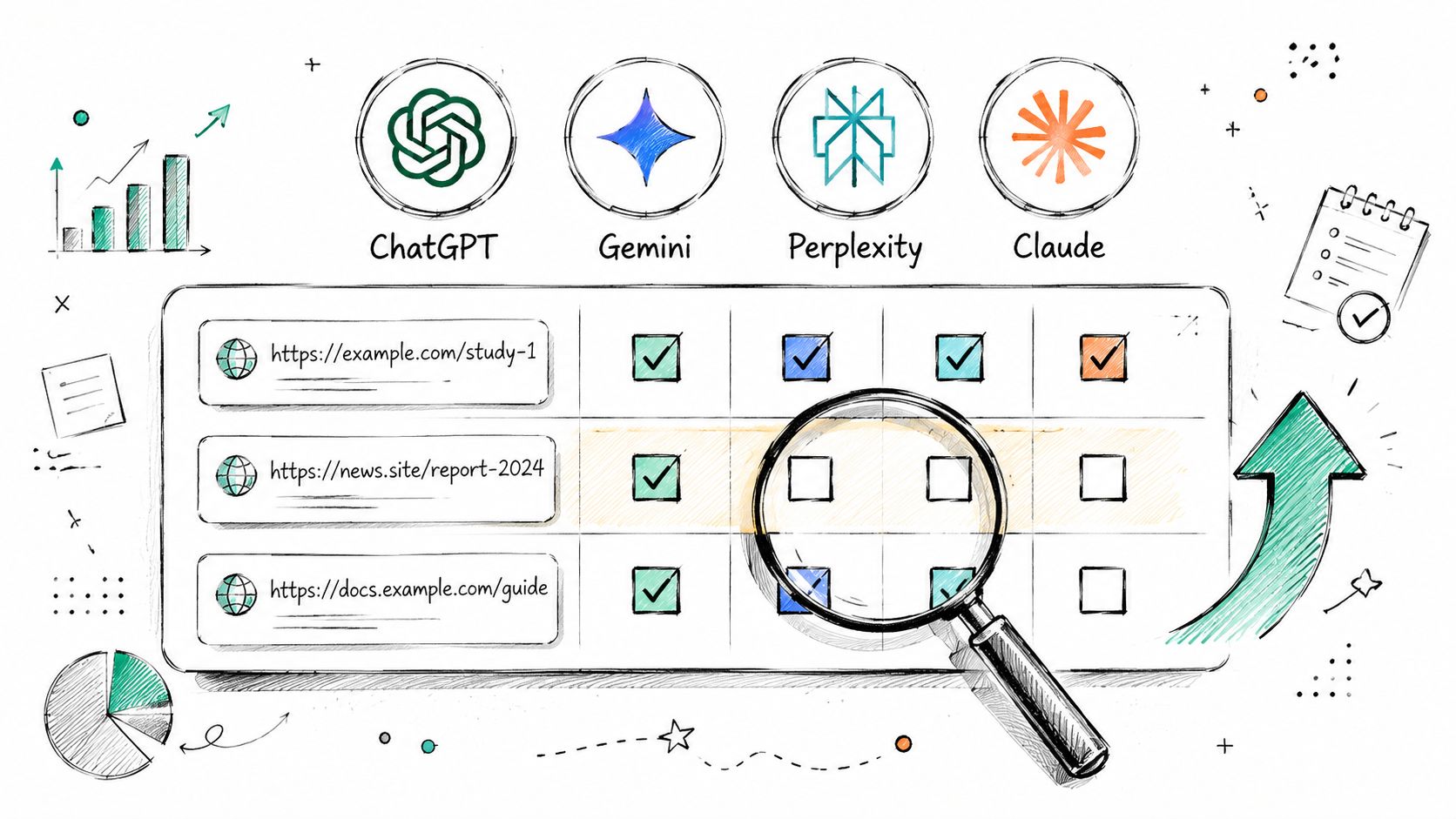 A hand-drawn illustration showing AI tools checking data sources in a grid table with a magnifying glass.