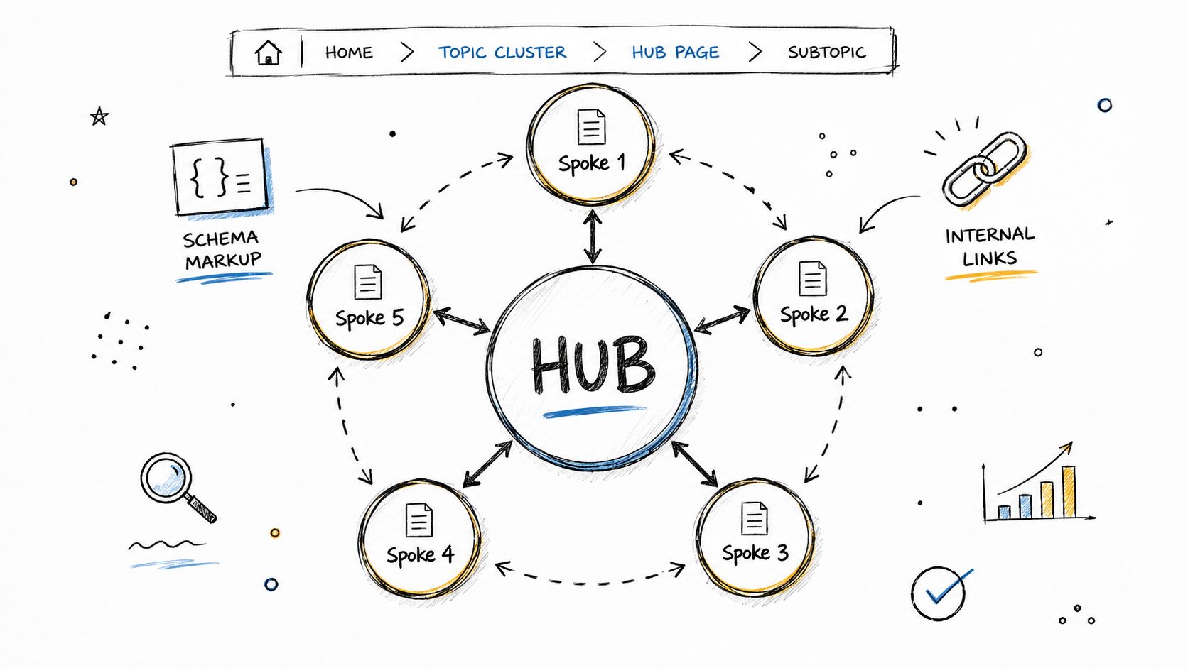 A hand-drawn diagram illustrating a website topic cluster strategy with a central hub and surrounding spokes.