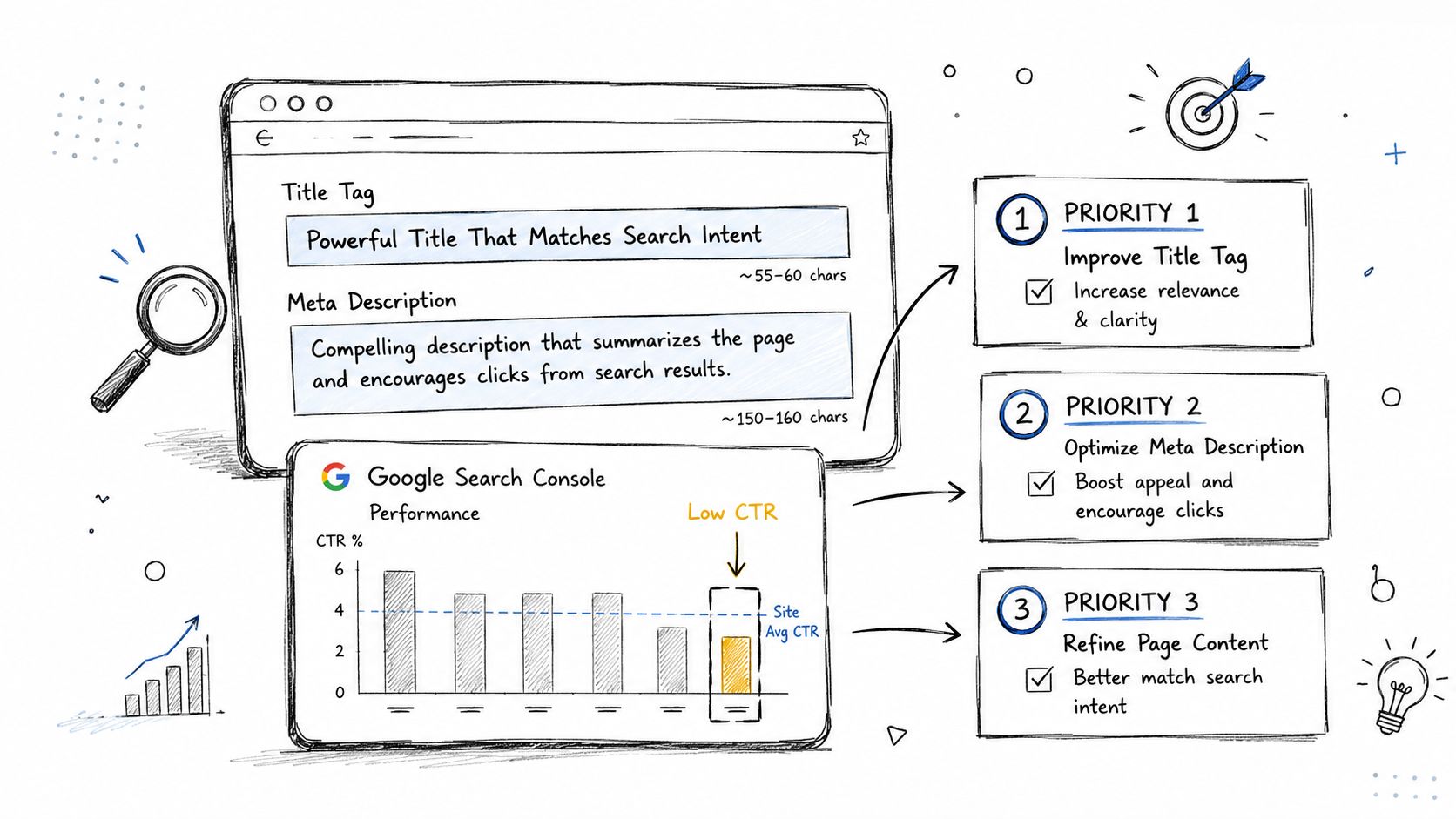 A hand-drawn illustration showing how to improve low click-through rates by optimizing title tags and meta descriptions.