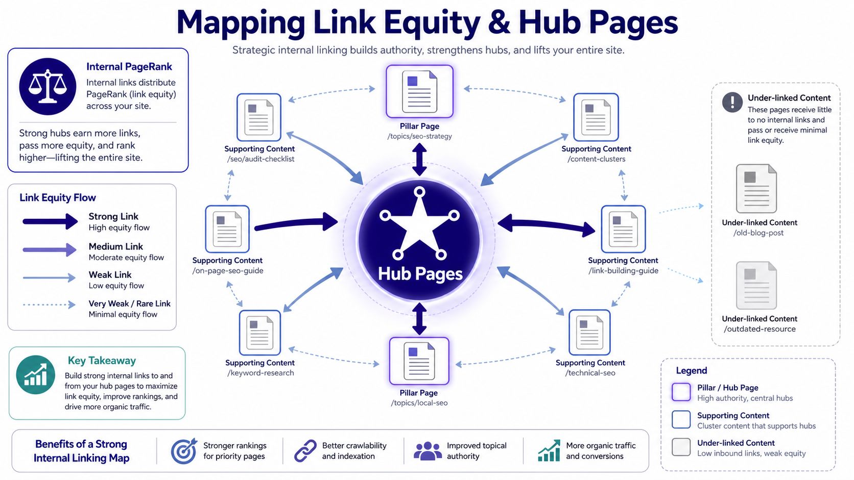 A diagram illustrating how internal linking between hub pages, pillar pages, and supporting content builds site authority.