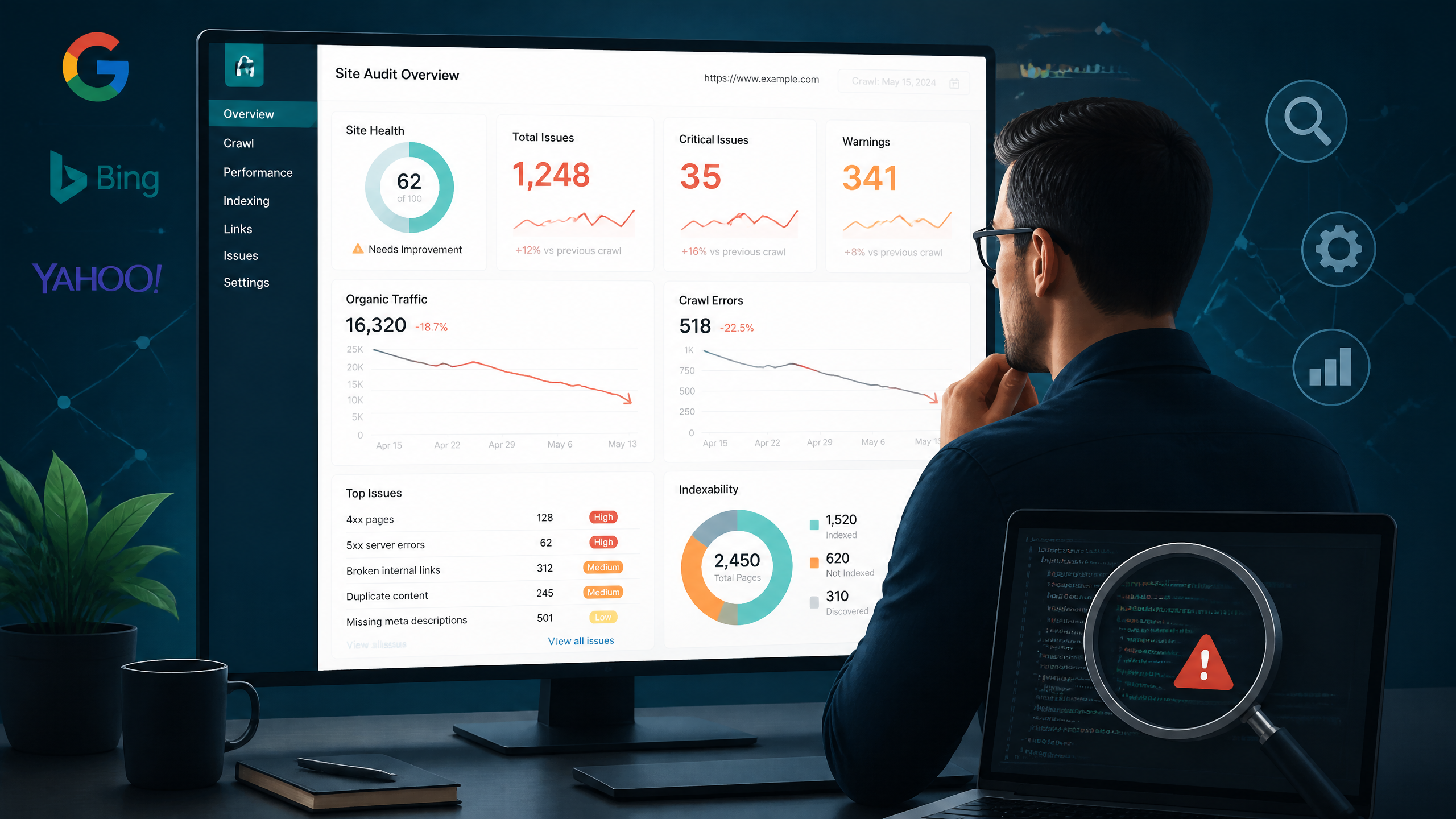 Digital marketer analyzing website SEO diagnostic dashboard with charts and technical indicators