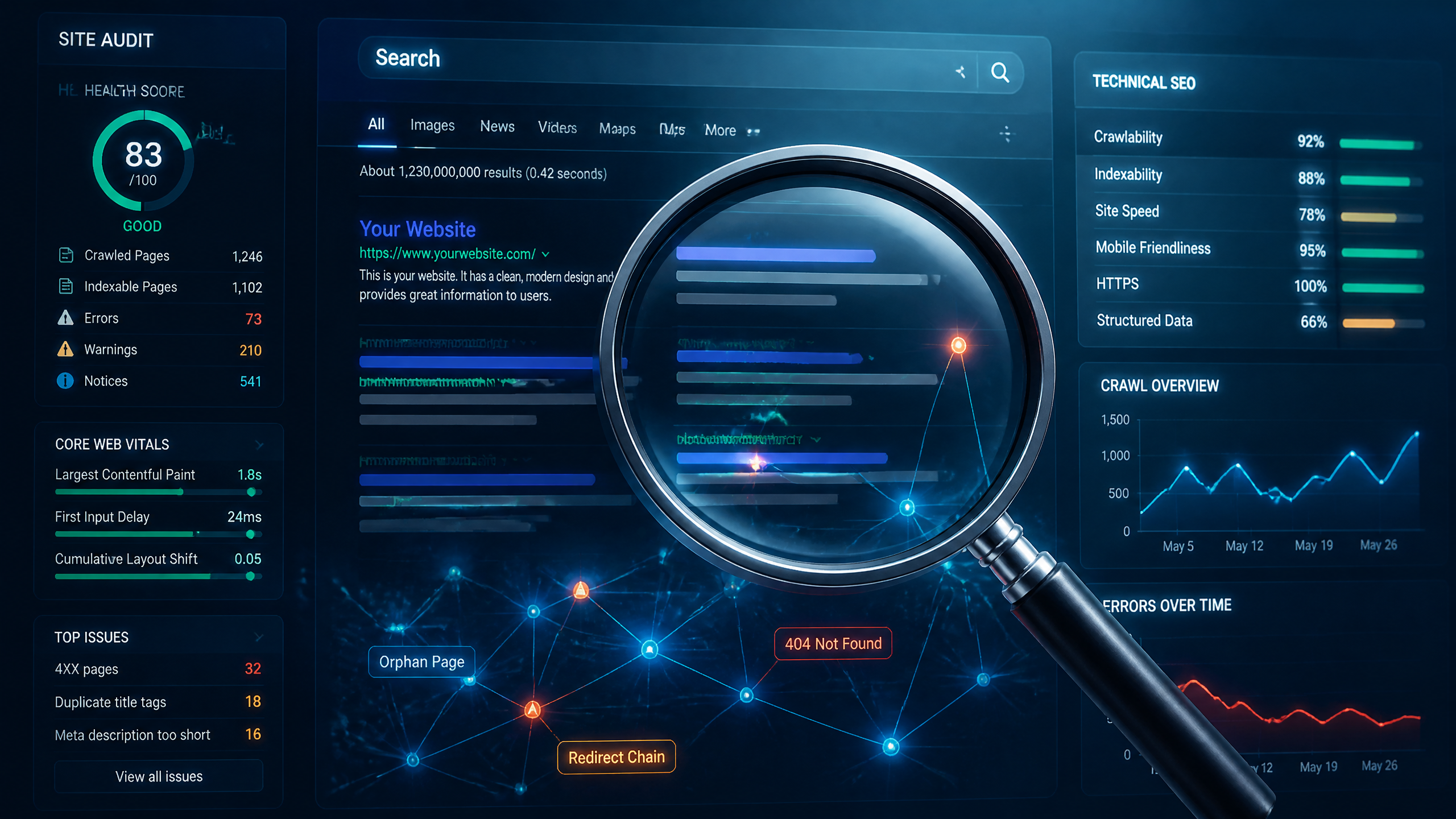 Abstract digital illustration representing website diagnostic analysis and technical SEO metrics