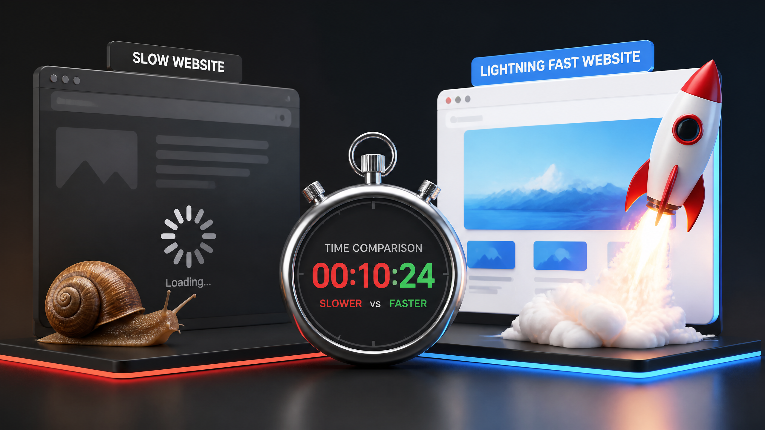 Isometric comparison of a slow website loading vs a fast optimized website