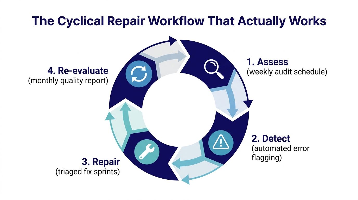 A diagram illustrating a four-step cyclical repair workflow labeled Assess, Detect, Repair, and Re-evaluate.