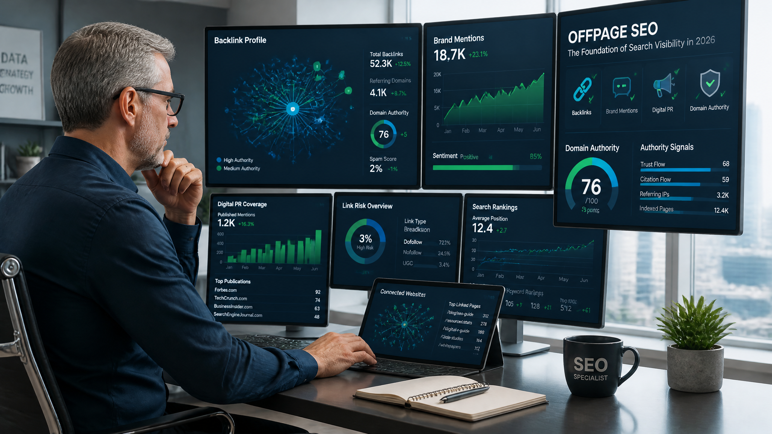 Senior SEO specialist reviewing offpage SEO metrics like backlinks, brand mentions, and authority signals on analytics dashboards