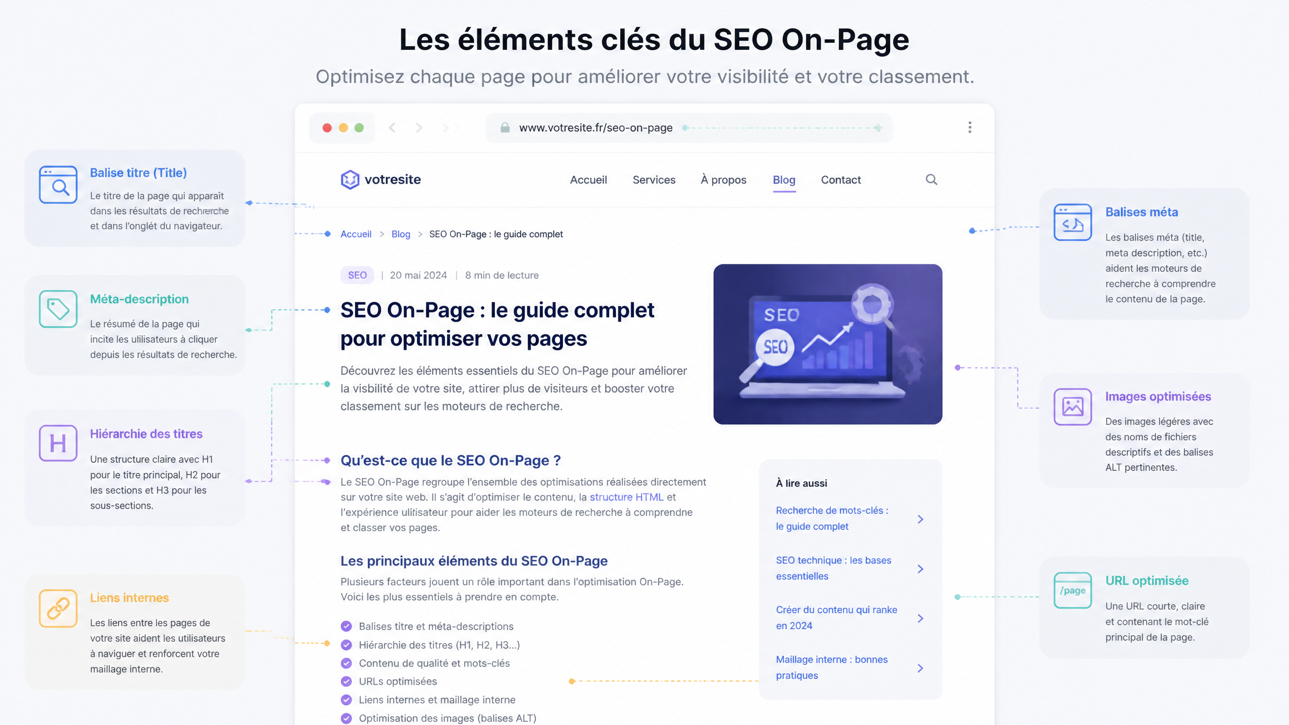Infographie des éléments clés du On-Page SEO sur un site web