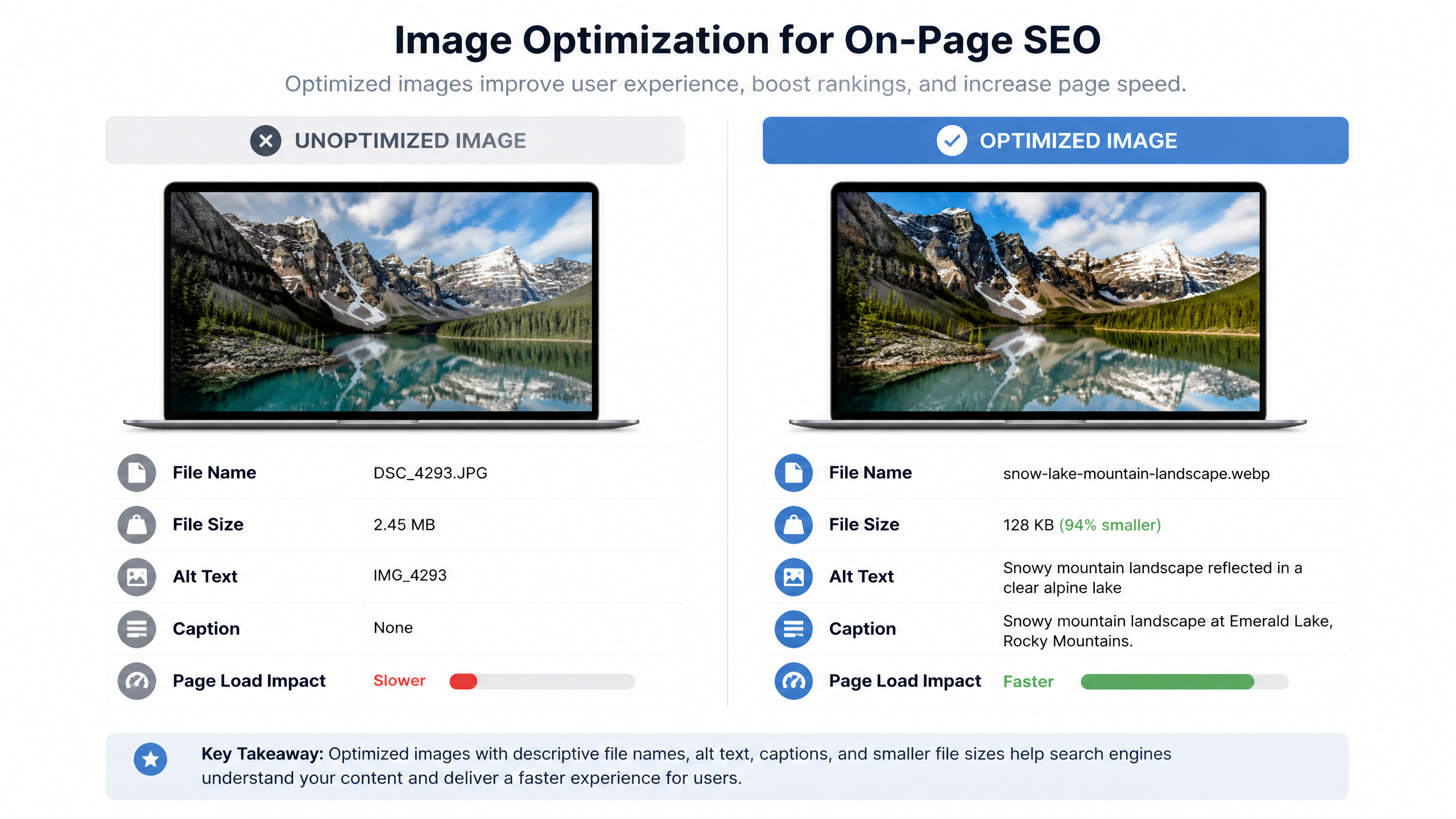 Illustration comparing unoptimized and optimized website images for on-page SEO