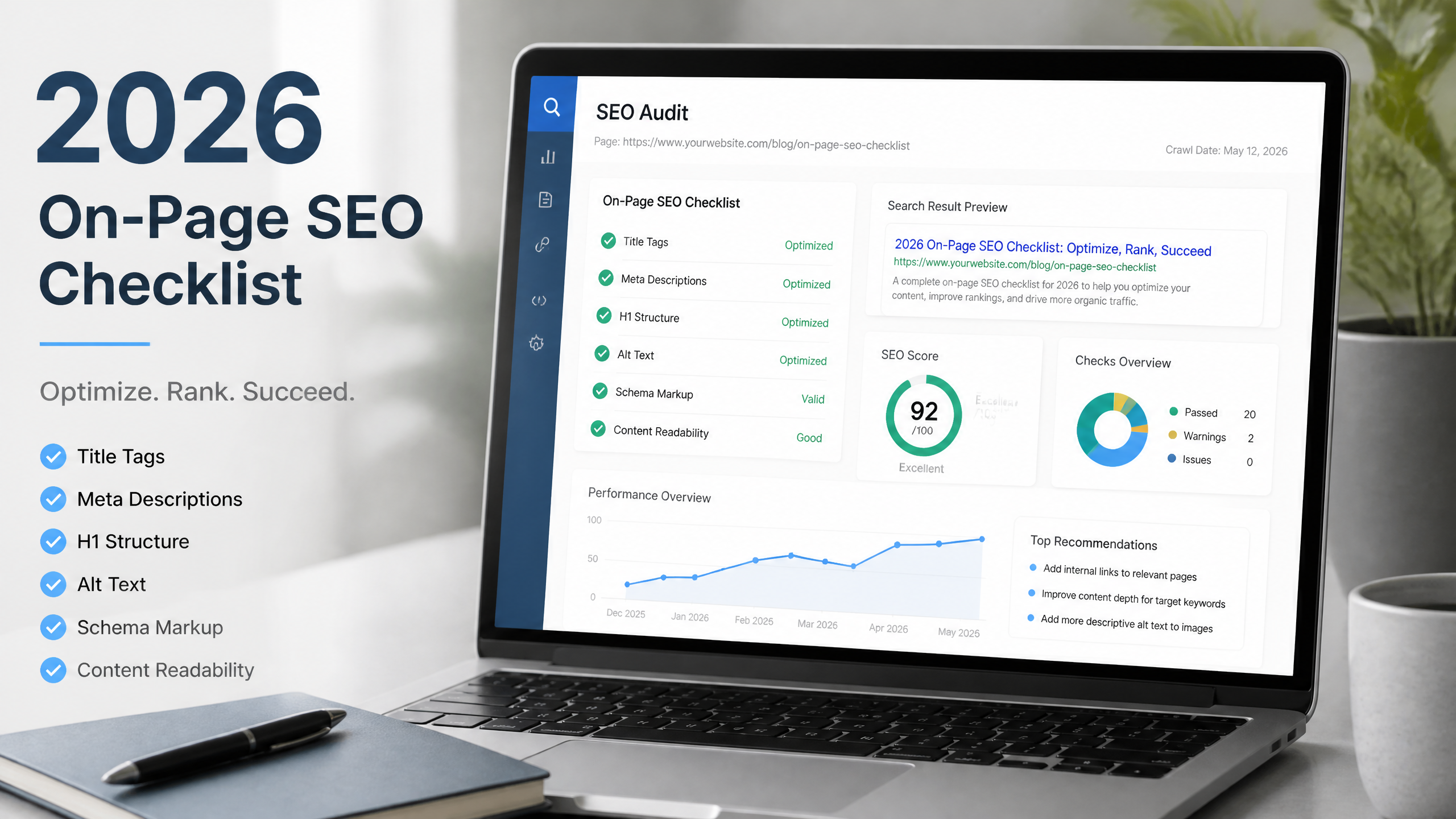 Laptop showing an on-page SEO checklist with title tag, meta description, heading, and schema review