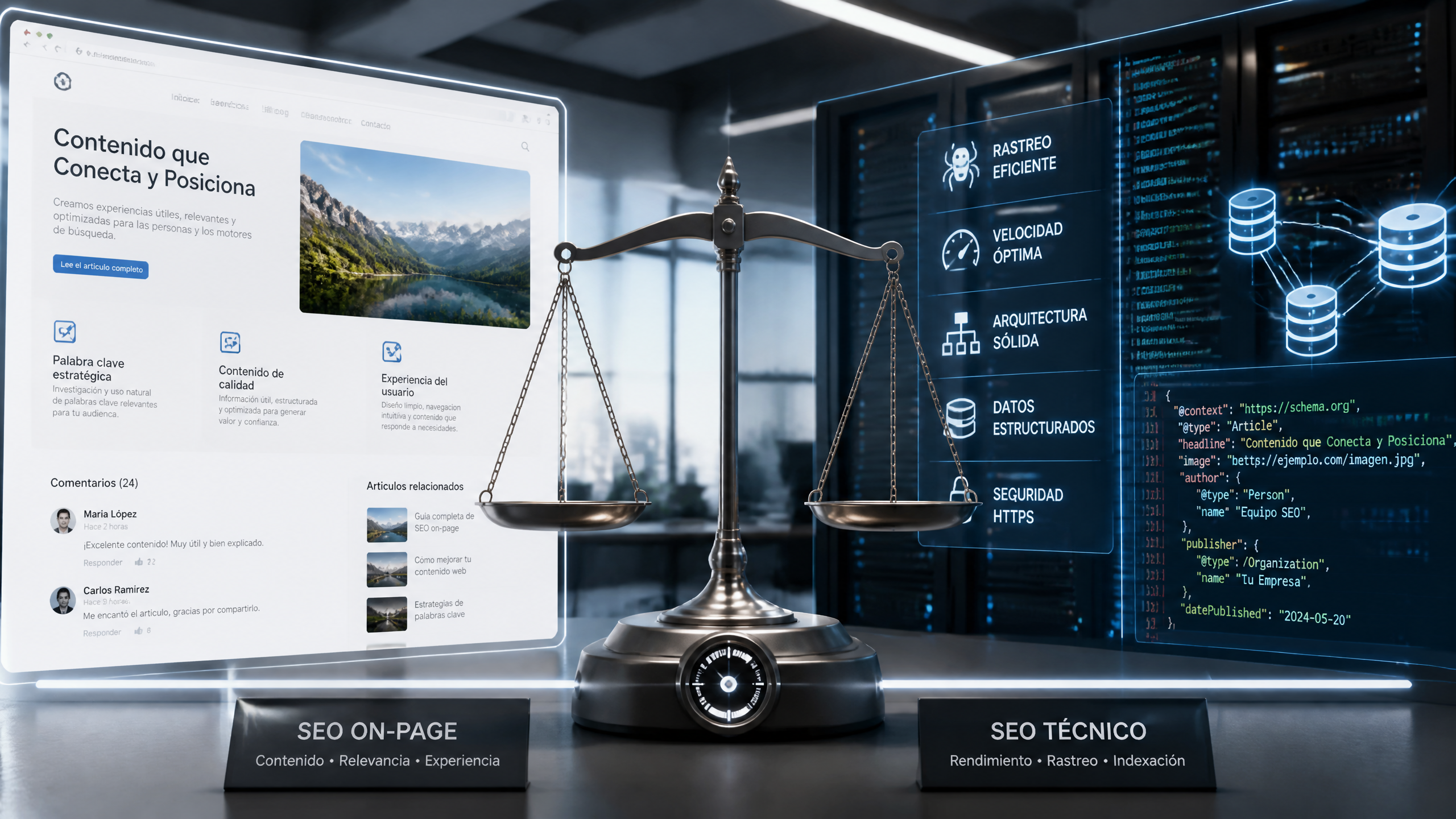 Ilustración conceptual de la balanza entre el SEO on-page (contenido) y el SEO técnico (infraestructura) en un entorno digital moderno.