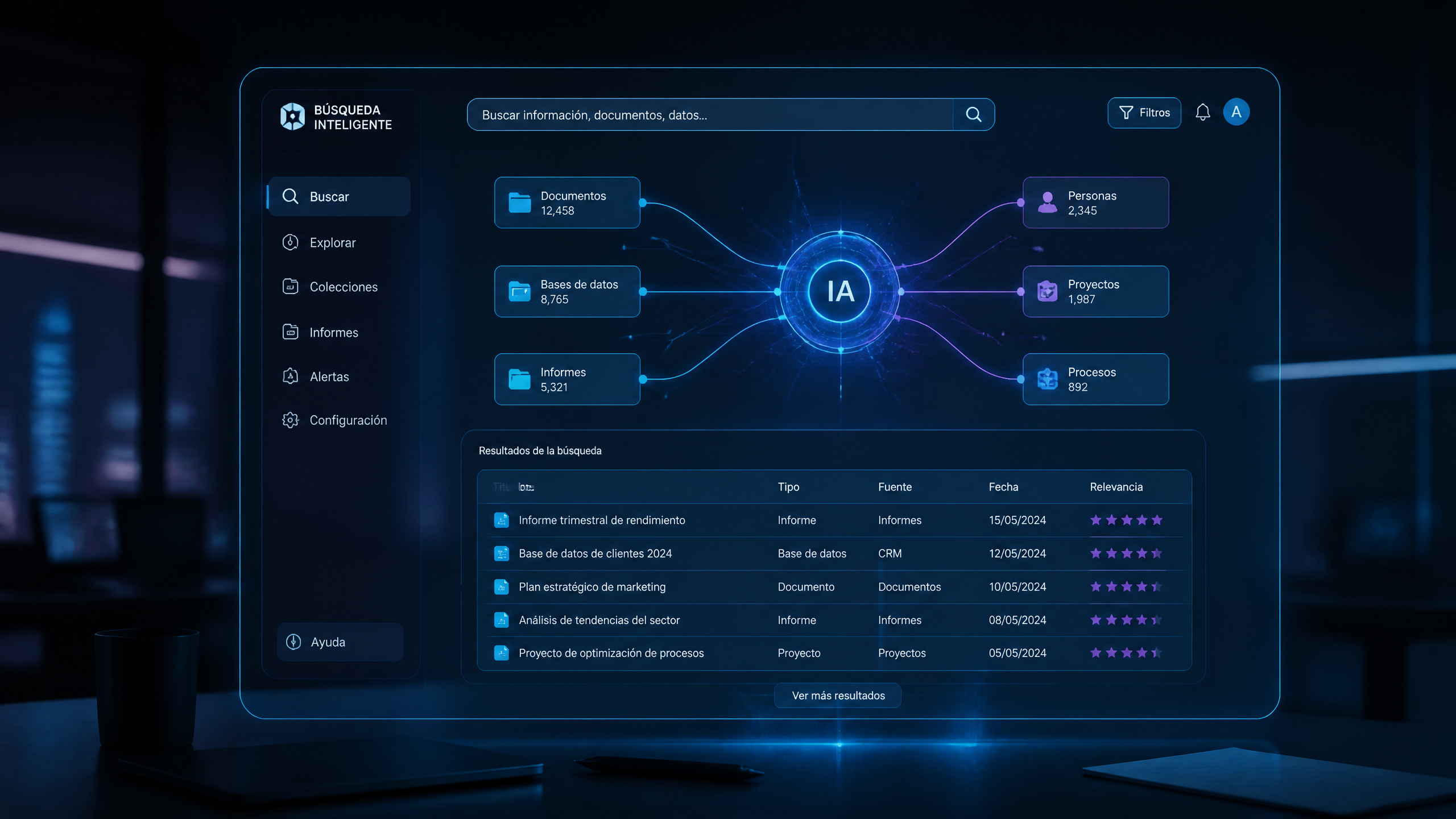 Interfaz de búsqueda de inteligencia artificial que muestra nodos de datos conectados y análisis técnico estructurado