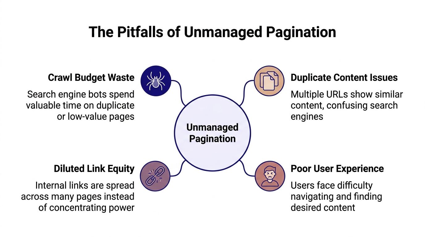 A diagram illustrating the four main negative impacts of unmanaged pagination on website SEO performance.
