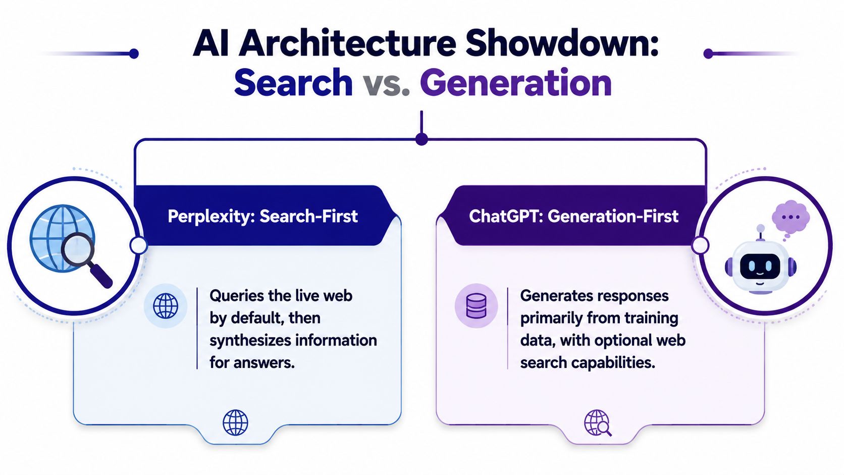 A comparison infographic showing Perplexity as search-first versus ChatGPT as generation-first AI architecture.