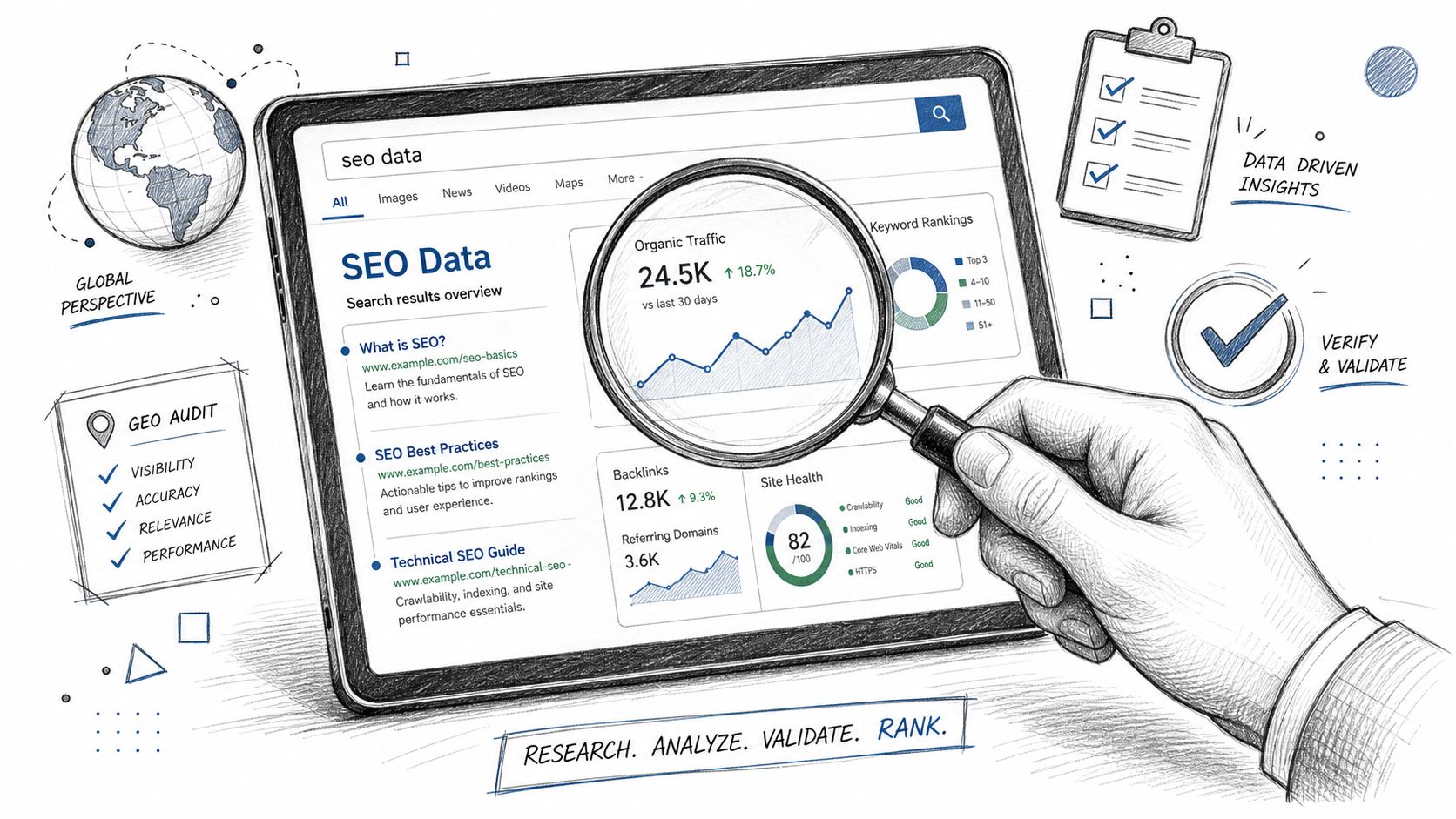 A hand holding a magnifying glass over a tablet screen displaying SEO analytics and search results data.