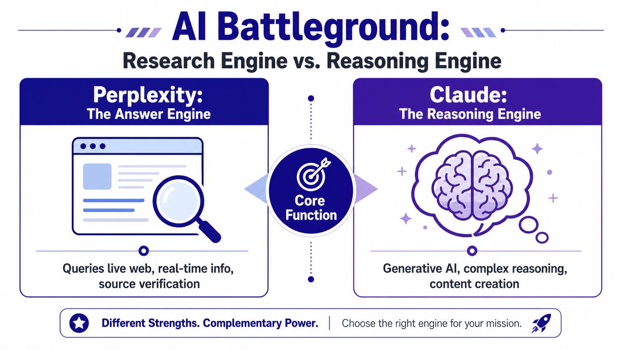 A comparison infographic between Perplexity as an answer engine and Claude as a reasoning engine.