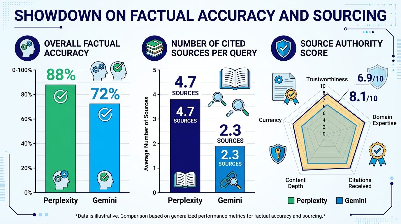 A comparative infographic showing performance data for Perplexity and Gemini regarding factual accuracy, citations, and source authority.