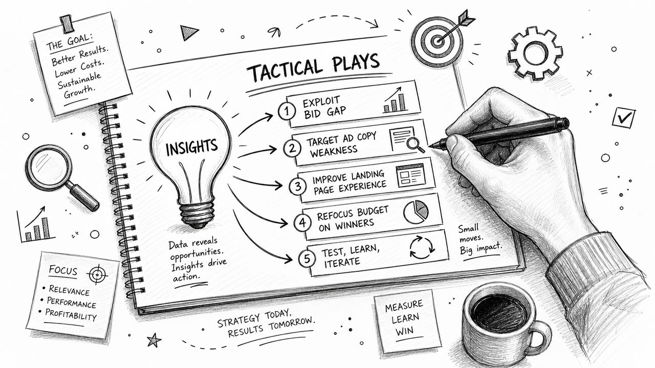 A hand-drawn illustration showing five tactical plays for data-driven digital marketing and competitor research strategy.