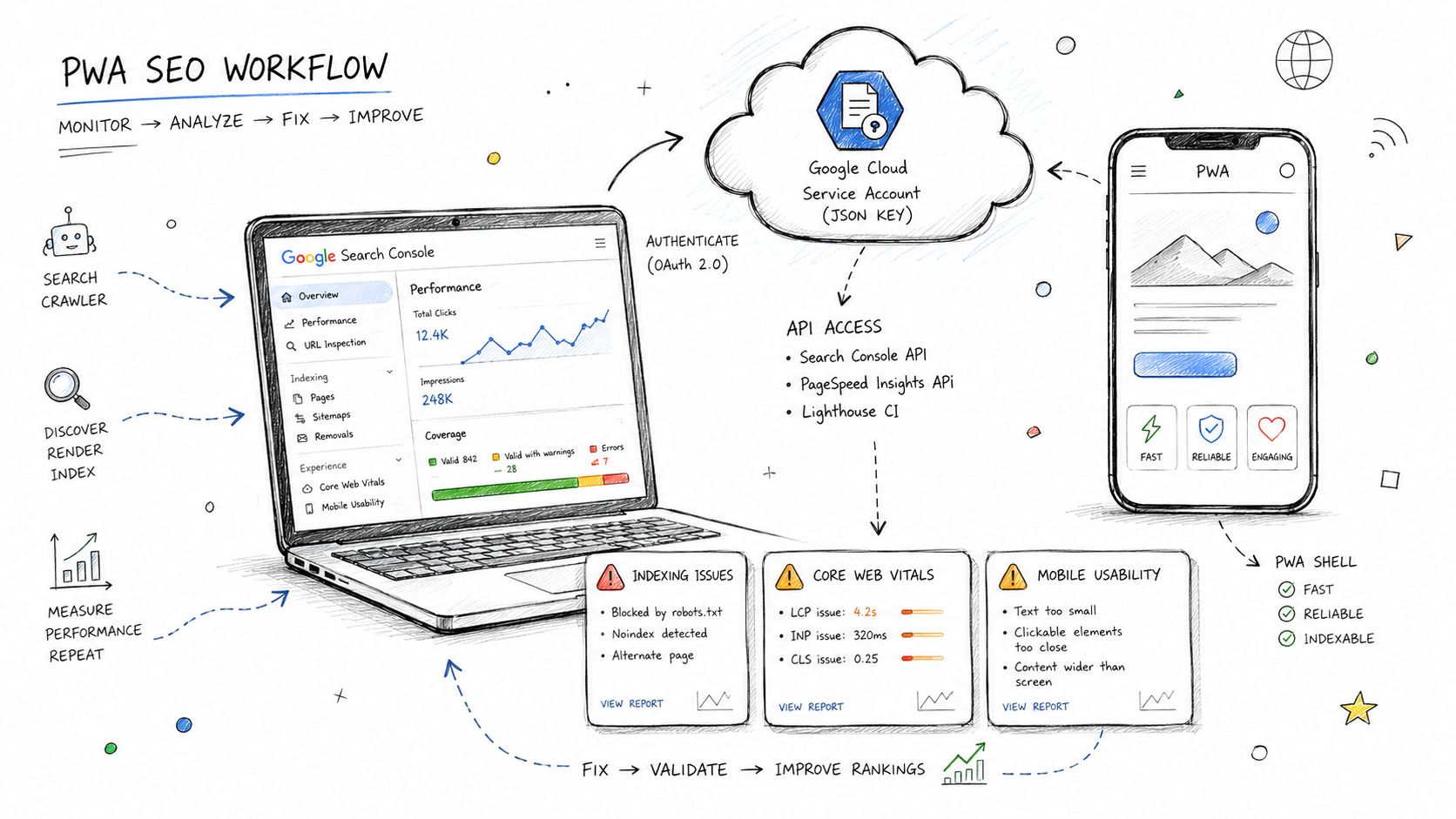 A diagram illustrating the PWA SEO workflow, including Google Search Console, API access, and performance monitoring metrics.
