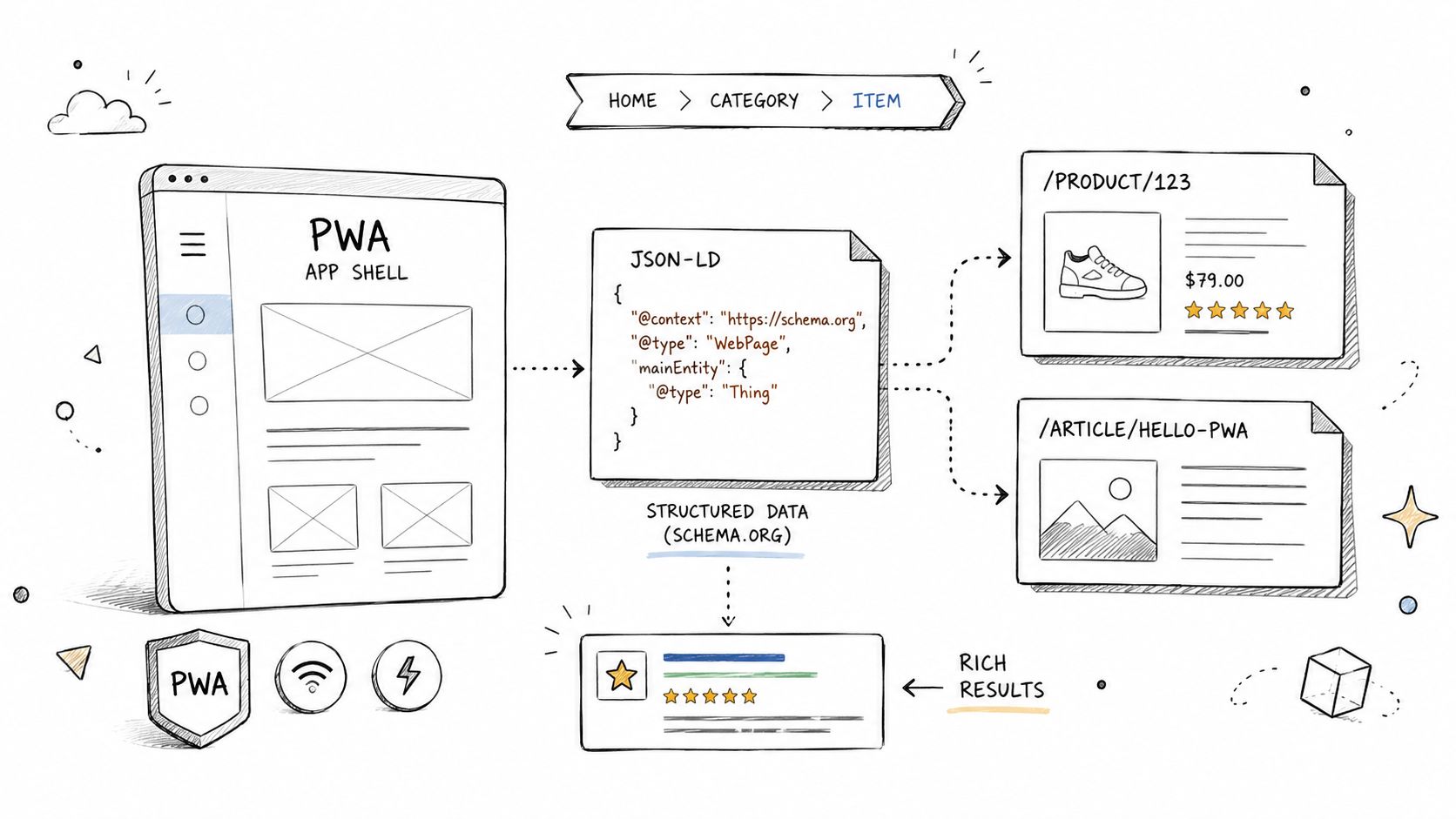 A diagram illustrating how Progressive Web App (PWA) structured data enables search engine rich results.