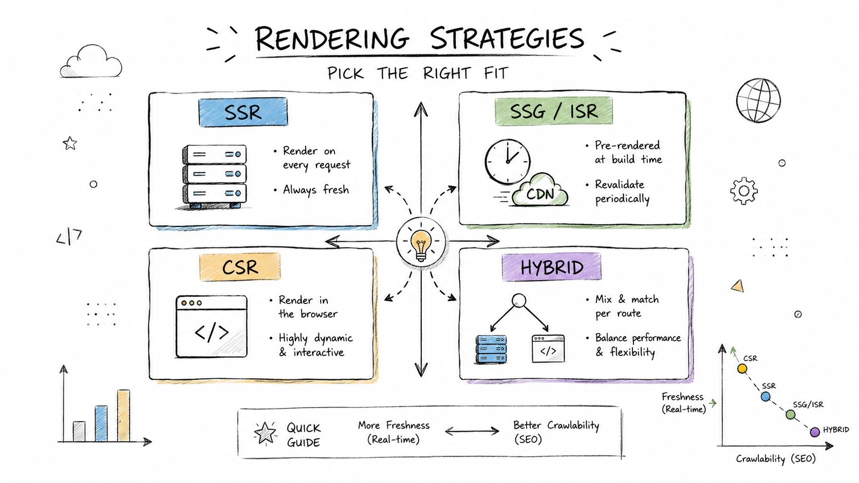 A diagram illustrating different web rendering strategies including SSR, SSG, ISR, CSR, and Hybrid approaches.