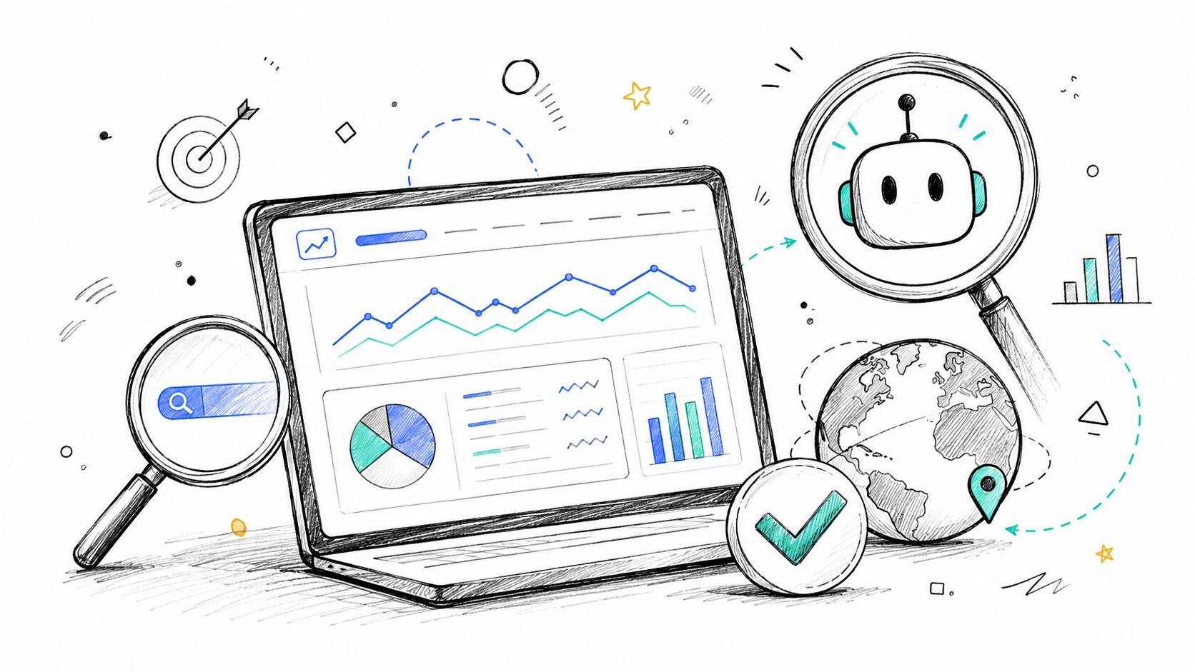 A sketched illustration of a laptop displaying data charts with search icons and a global connection symbol.