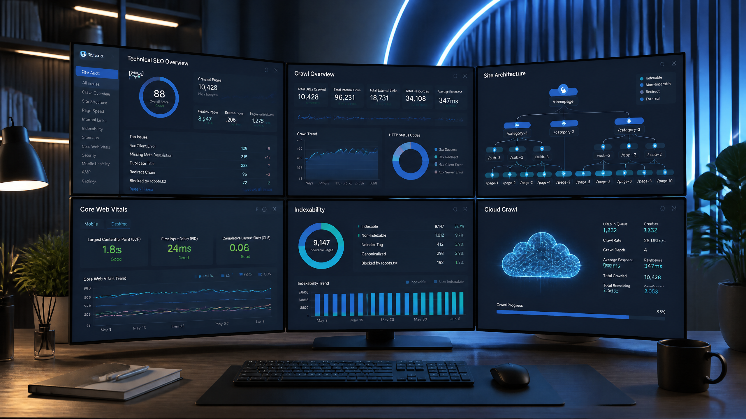 Comparison dashboard displaying technical SEO crawling metrics and network nodes.