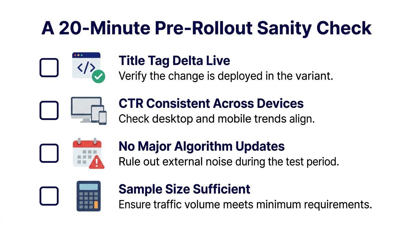 A checklist titled A 20-Minute Pre-Rollout Sanity Check for SEO A/B testing best practices.