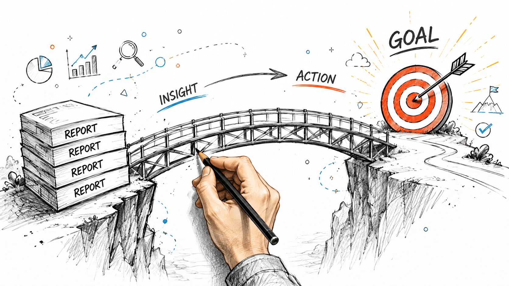 A hand drawing a bridge connecting a stack of reports to a goal target on a cliff.