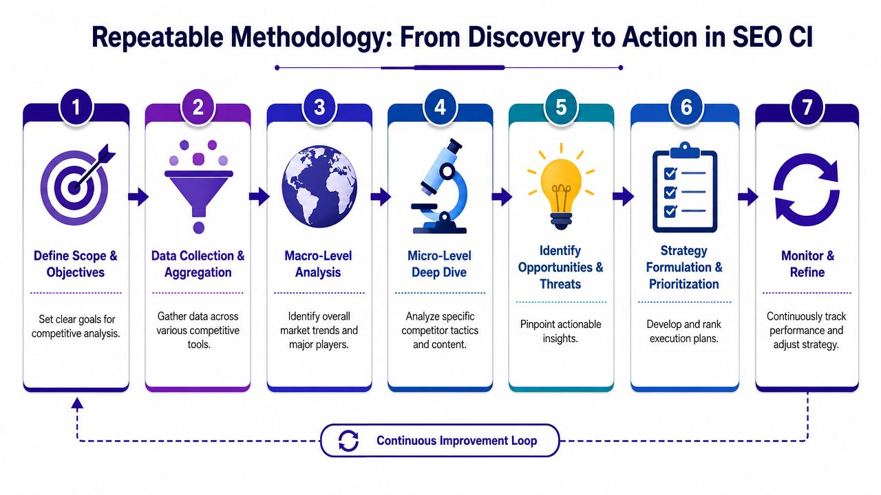 A seven-step repeatable methodology infographic illustrating the process from SEO competitive intelligence discovery to final action.