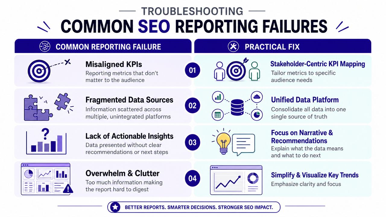 A table outlining four common SEO reporting failures and their corresponding practical solutions for better data insights.