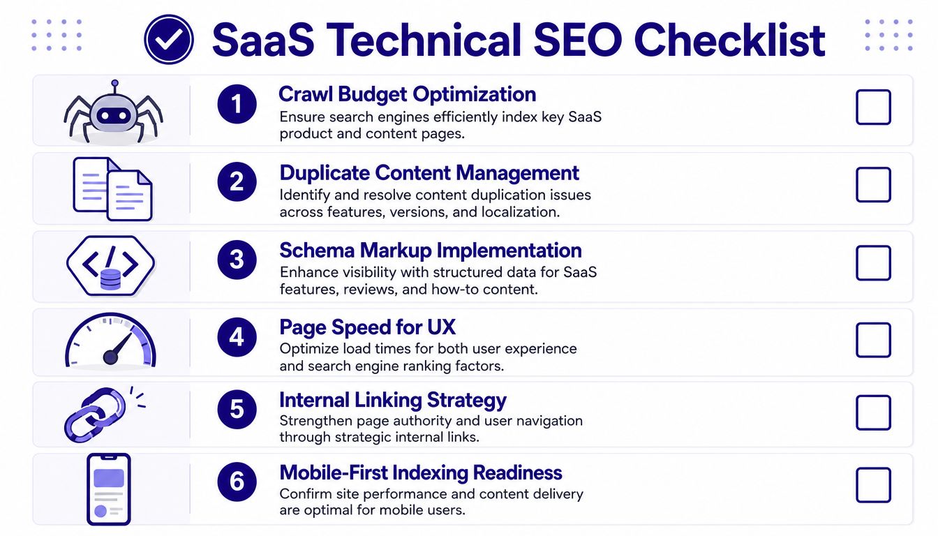 A checklist infographic outlining six essential technical SEO practices for SaaS companies to improve search engine rankings.