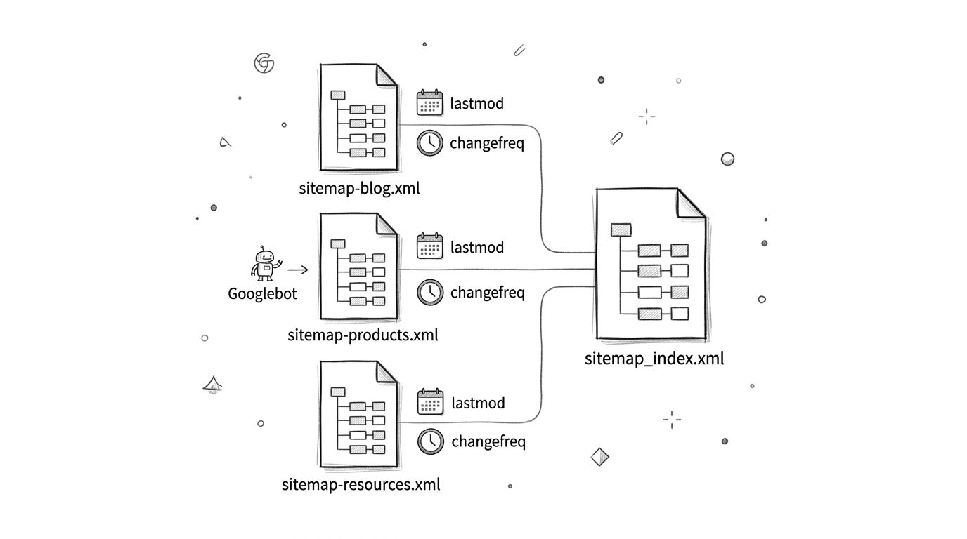 A diagram illustrating how Googlebot reads a sitemap index file that links to multiple individual sitemaps.