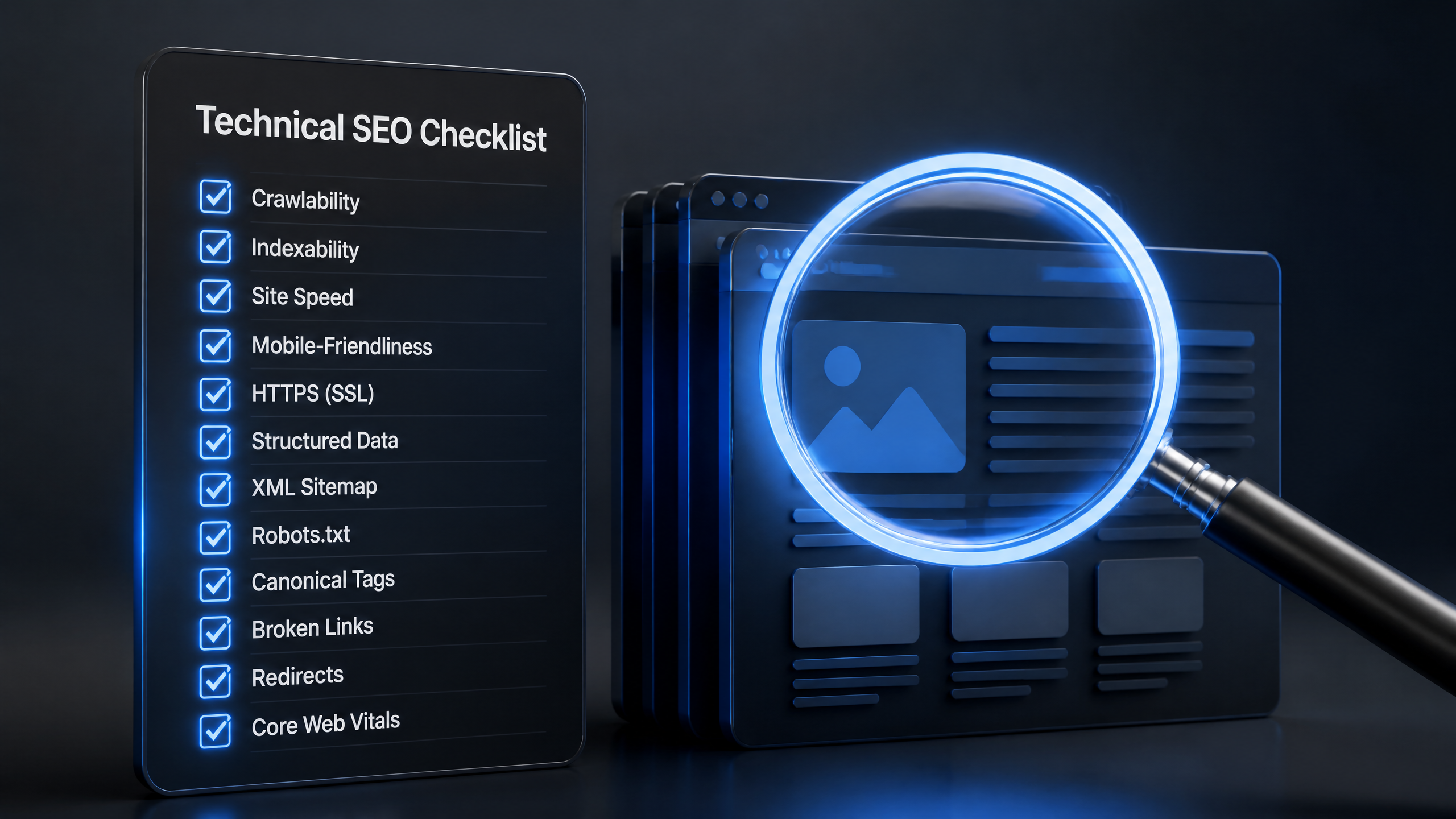 A modern technical SEO checklist concept illustration showing web page elements being audited.