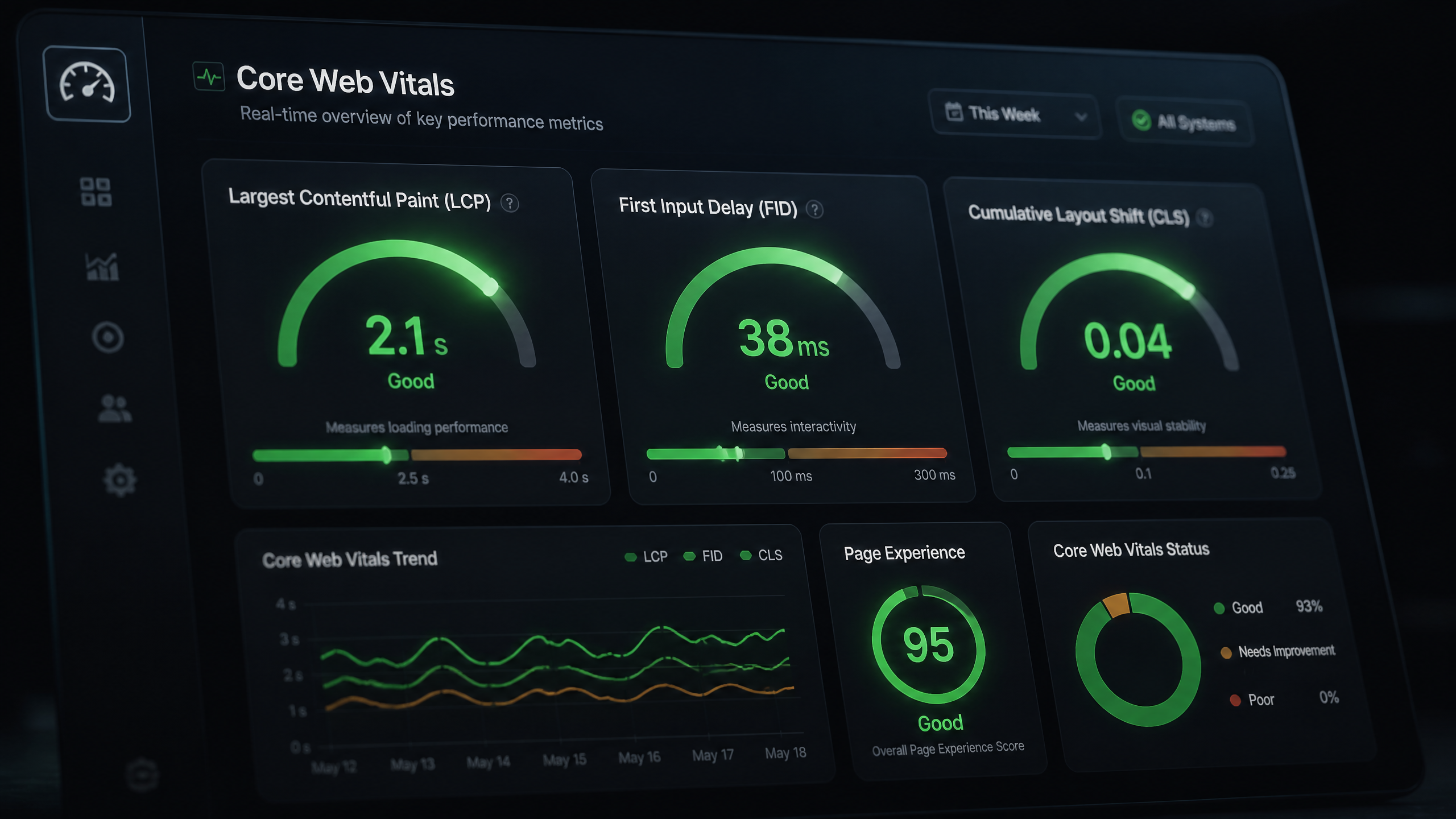An abstract dashboard visualizing Core Web Vitals performance metrics like LCP, FID, and CLS.