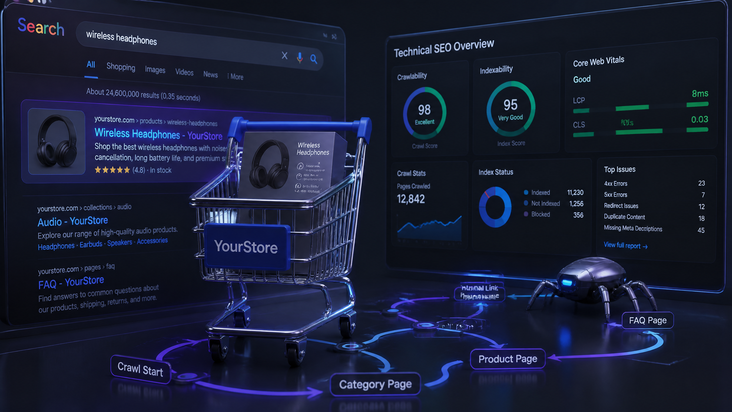 Technical SEO for Ecommerce illustration showing data analytics and crawl paths
