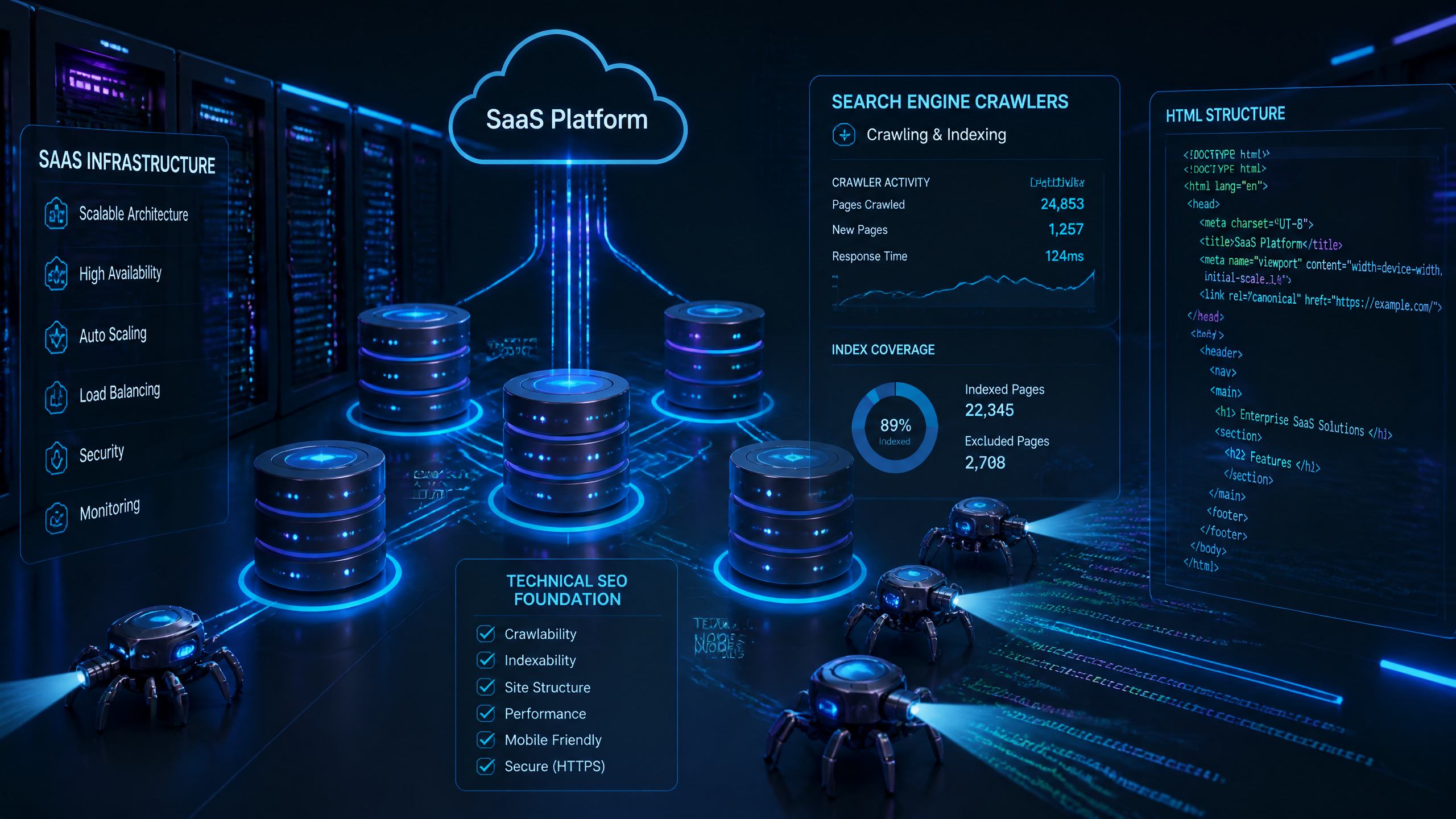 SaaS Technical SEO Infrastructure Illustration showing server-side rendering and search crawler pathways
