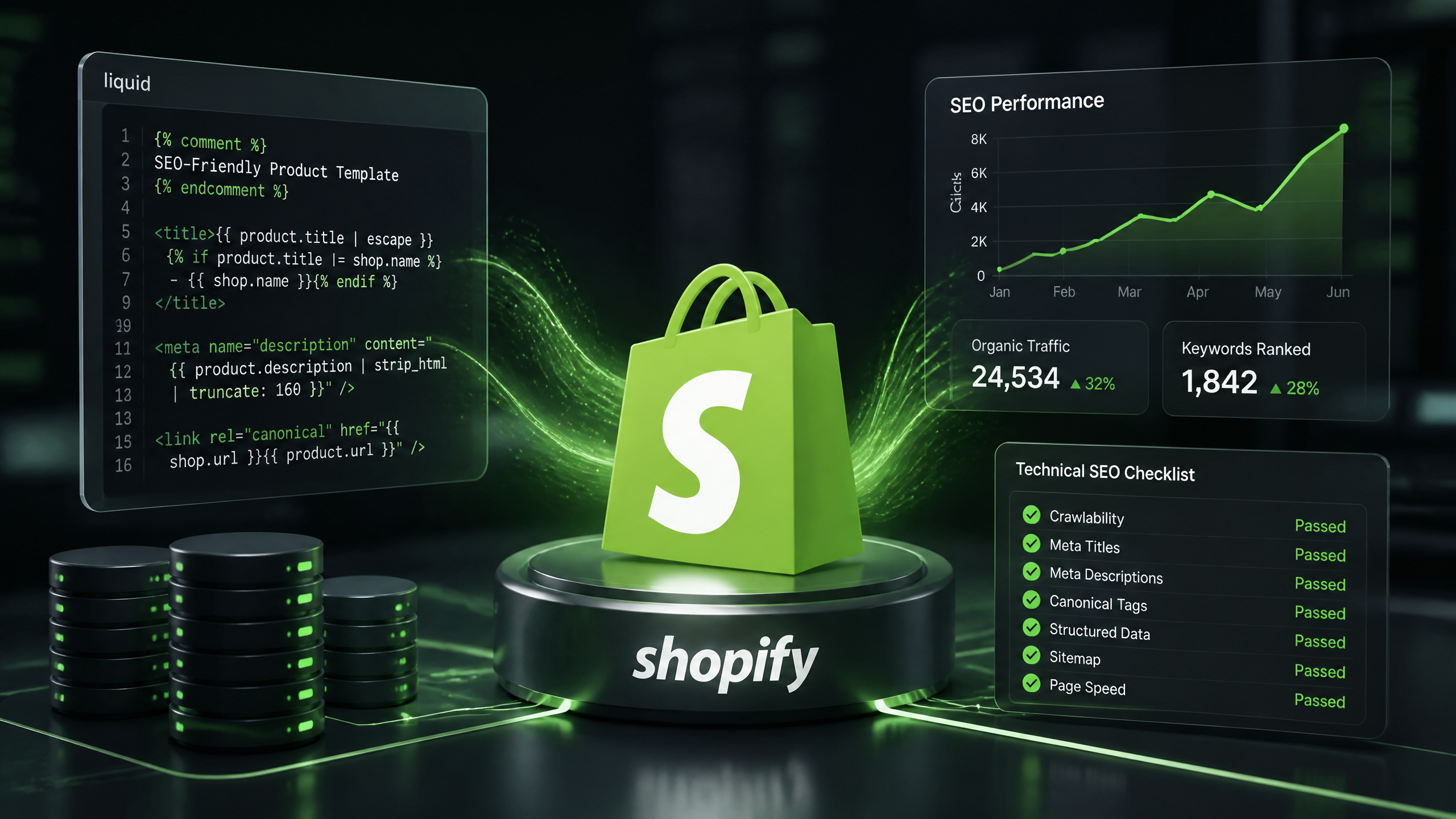 An elegant illustration depicting technical SEO for Shopify with code elements and performance metrics.