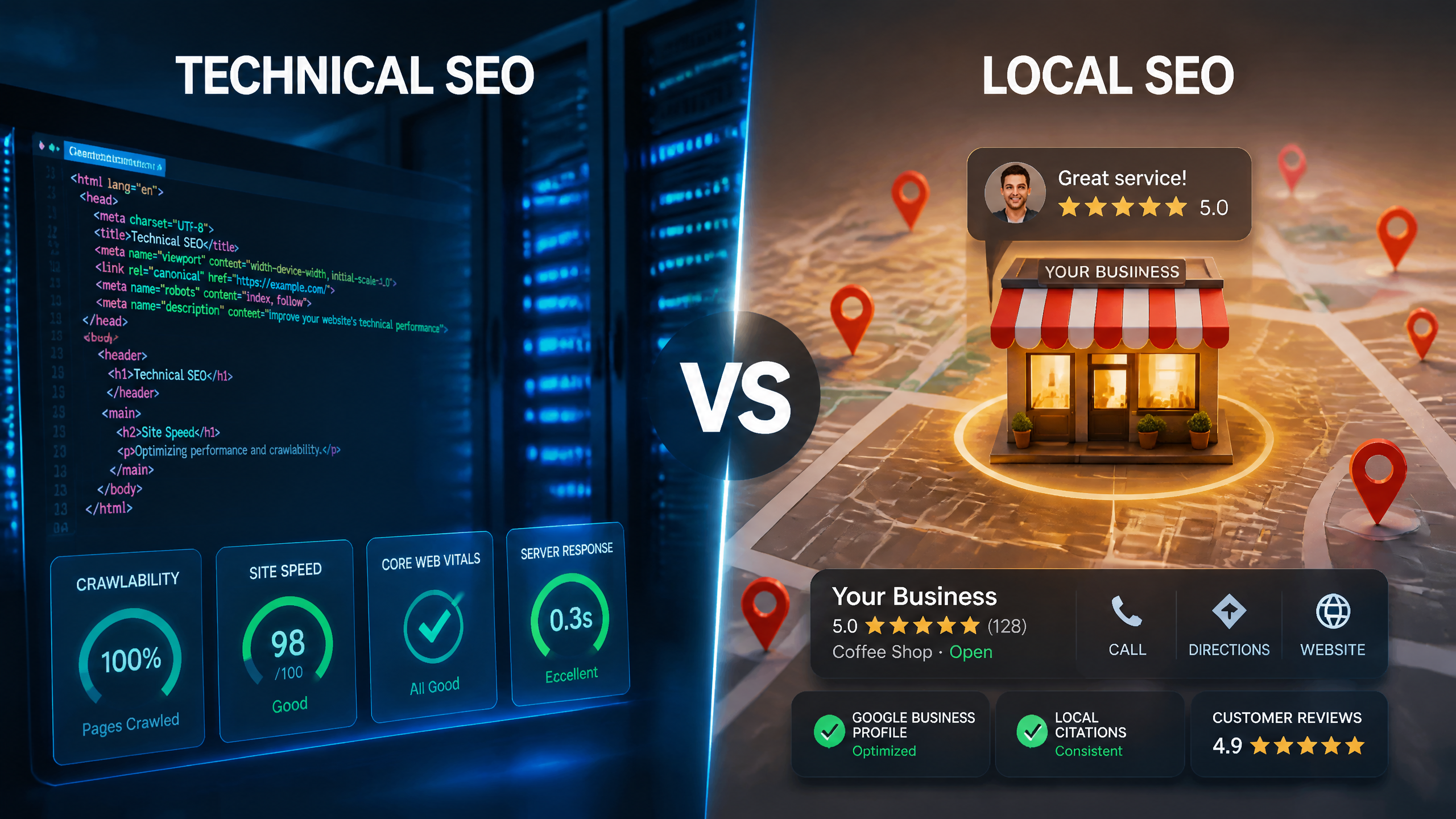 Split graphic showing Technical SEO code and servers on the left, and Local SEO map pins and storefront on the right.