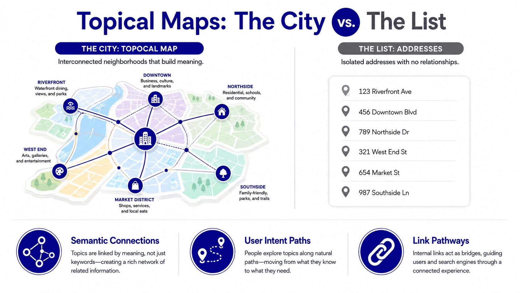 A diagram comparing topical maps, showing interconnected neighborhood clusters, against a simple list of isolated addresses.